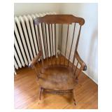 Antique Windsor-Style Wooden Rocking Chair - Spindle Back, Curved Crest Rail, Solid Wood
