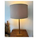 Table Lamp - Mid-Century Modern Wood with Pleated Beige Shade & Gold Inlay