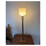 Table Lamp - Mid-Century Modern Wood with Pleated Beige Shade & Gold Inlay