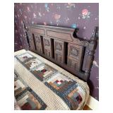 Dark Wood Bed with Carved Headboard - Vintage Style Bedroom Furniture