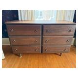 Dark Wood Six-Drawer Dresser with Brass Ring Pulls - Vintage Bedroom Furniture