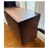 Dark Wood Six-Drawer Dresser with Brass Ring Pulls - Vintage Bedroom Furniture