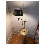 Brass Floor Lamp w/ Adjustable Swing Arm & Black Shade, Circular Shelf Base