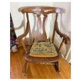 Vintage Wooden Rocking Chair with Carved Back and Upholstered Seat