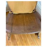 Vintage Wooden Rocking Chair with Carved Back and Upholstered Seat