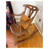 Vintage Wooden Rocking Chair with Carved Back and Upholstered Seat