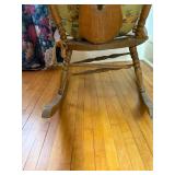 Vintage Wooden Rocking Chair with Carved Back and Upholstered Seat