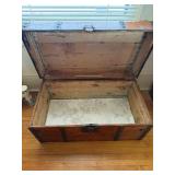 Vintage Wooden Steamer Trunk with Iron Straps - Floral Interior