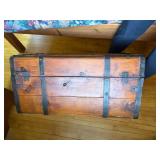 Vintage Wooden Steamer Trunk with Iron Straps - Floral Interior