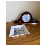Mantel Clock - Dark Wood Finish with Brass Trim & Square Ceramic Dish
