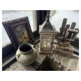 Carved Wood Picture Frame with Painting - Rustic Ceramic Pot - Metal Lantern - Bird Nest Display