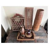 Carved Wood Panel & Vases, Baskets - 6-Piece Home Decor Set