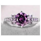 Elegant Silver Plated Purple Moissanite Ring, Size 8 - Brand New