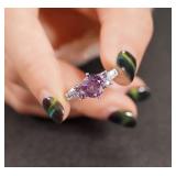 Elegant Silver Plated Purple Moissanite Ring, Size 8 - Brand New