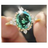 Silver Plated Green Moissanite French Luxury Style Design Ring, Size 8 - Brand New