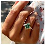 Silver Plated Green Moissanite French Luxury Style Design Ring, Size 8 - Brand New