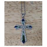 Cross Necklace with Blue & Green Stones 17" Chain & 2" Extender - Brand New *P
