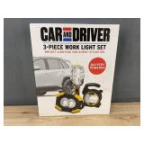 Car & Driver 3-Piece Work Light Set - Battery-Powered, Rugged Construction - Brand New