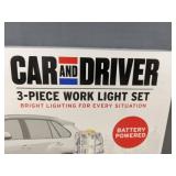 Car & Driver 3-Piece Work Light Set - Battery-Powered, Rugged Construction - Brand New