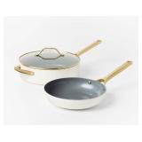 Figmint 7 piece Nonstick Ceramic Coated Aluminum Cookware Set with Champagne Handles, Cream - Brand New