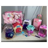 Large Lot of Toys, Dog Houses, Claw Game, Suitcase, Blanket, and More