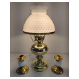 Brass Hobnail White Milk Glass Lamp & Two Brass/Hobnail Candle Holders