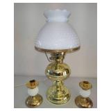 Brass Hobnail White Milk Glass Lamp & Two Brass/Hobnail Candle Holders