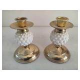 Brass Hobnail White Milk Glass Lamp & Two Brass/Hobnail Candle Holders