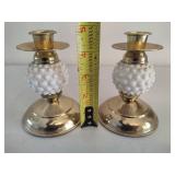 Brass Hobnail White Milk Glass Lamp & Two Brass/Hobnail Candle Holders