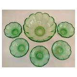Ruffled Rim Green Depression Glass Bowl 6pc Set