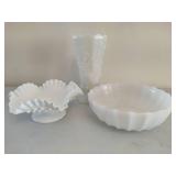 Fenton Hobnail Milk Glass Bowl, Milk Glass Vase & Serving Bowl