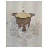 Vintage Ice Bucket w/Lid & Nine Champagne Glasses