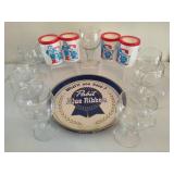 Pabst Blue Ribbon Serving Tray, Coozies & Hollow Stem Beer Glasses