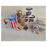 Assorted Beer/Bar Related Glassware, Coozies, Can Plane, Bank & More