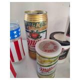 Assorted Beer/Bar Related Glassware, Coozies, Can Plane, Bank & More