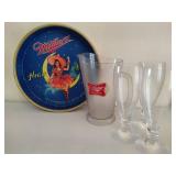 Miller High Life Colorful Tray, Plastic Pitcher & Pilsner Glasses