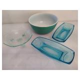 Vintage Pyrex Mixing Bowl, Hazel Atlas Blue Dishes & Footed Candy Dish