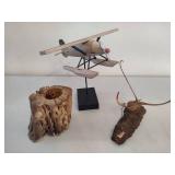 Wooden Plane, Carved Candle Holder & Mosquito