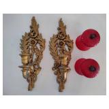 Gold Tone Scrolled Wall Sconces w/Red Candle Holders