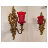 Gold Tone Scrolled Wall Sconces w/Red Candle Holders