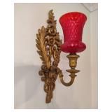 Gold Tone Scrolled Wall Sconces w/Red Candle Holders