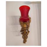 Gold Tone Scrolled Wall Sconces w/Red Candle Holders