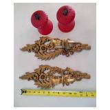 Gold Tone Scrolled Wall Sconces w/Red Candle Holders