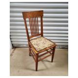 Vintage Oak Slat-Back Chair with Floral Upholstery and Nailhead Trim