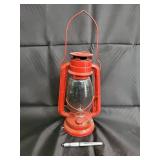 Vintage Red Hurricane Lantern with Glass Globe - Metal Handle