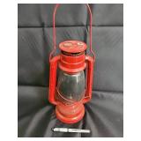 Vintage Red Hurricane Lantern with Glass Globe - Metal Handle