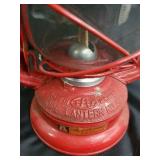 Vintage Red Hurricane Lantern with Glass Globe - Metal Handle