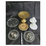 Brass Pedestal Cake Stand & Glass Candle Holders & Milk Glass Shades (Lot of 6)