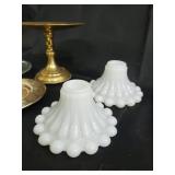 Brass Pedestal Cake Stand & Glass Candle Holders & Milk Glass Shades (Lot of 6)