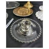 Brass Pedestal Cake Stand & Glass Candle Holders & Milk Glass Shades (Lot of 6)